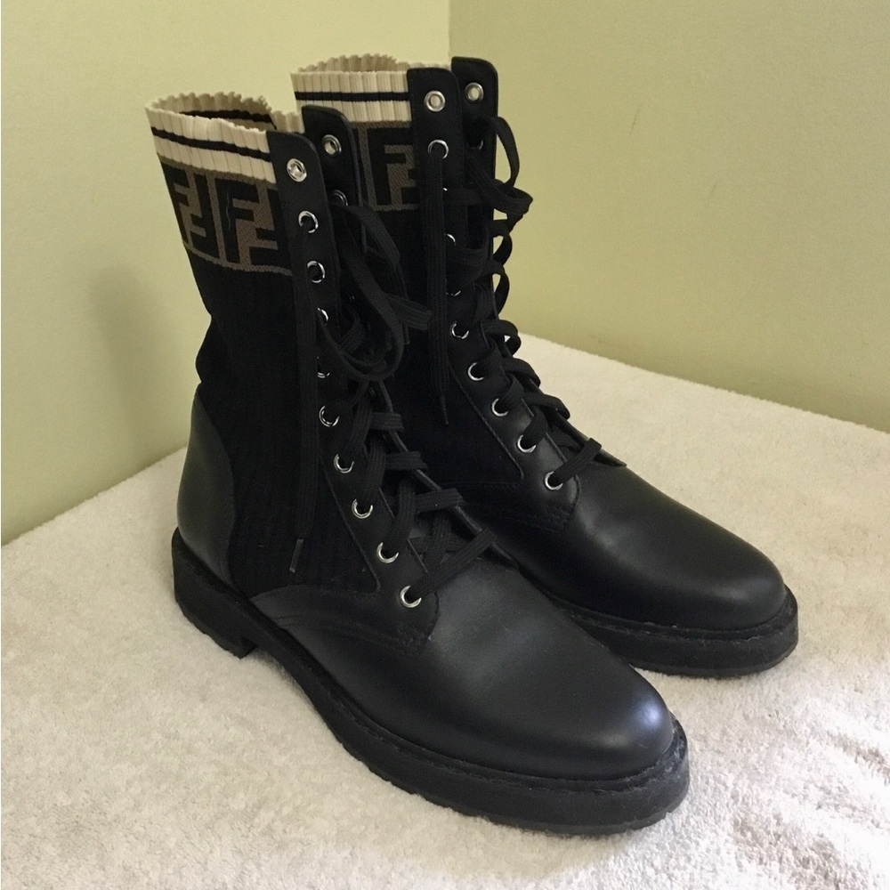 Fendi Black Leather Lace-Up Boots with Beige FF Knit Cuff